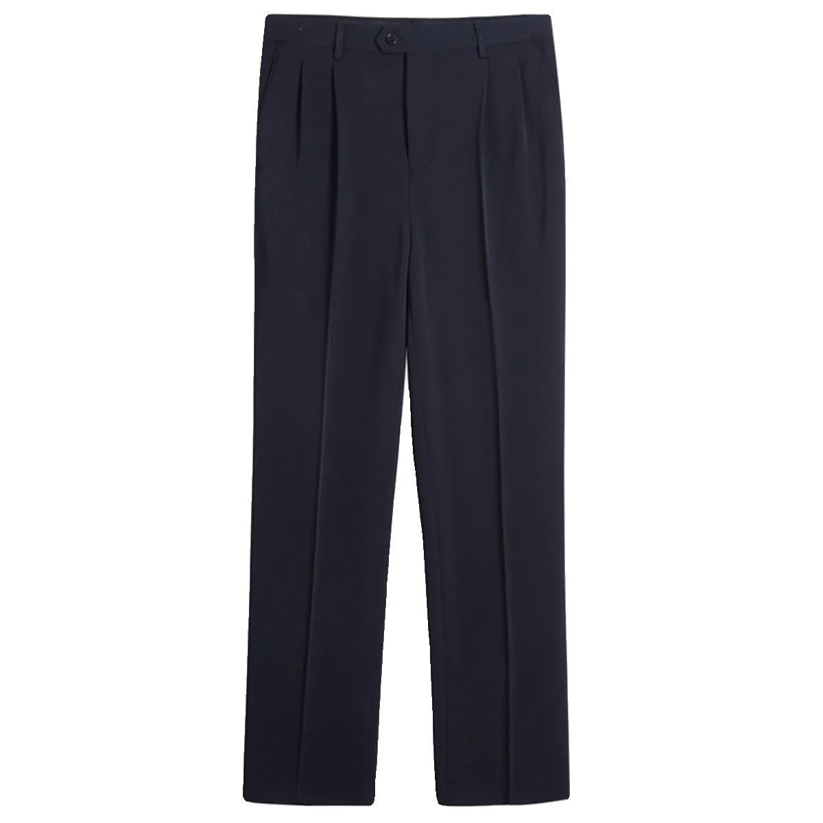 Men's loose deep crotch straight wool trousers with double pleated front, sizes 30-56, in dark blue, black, or grey.