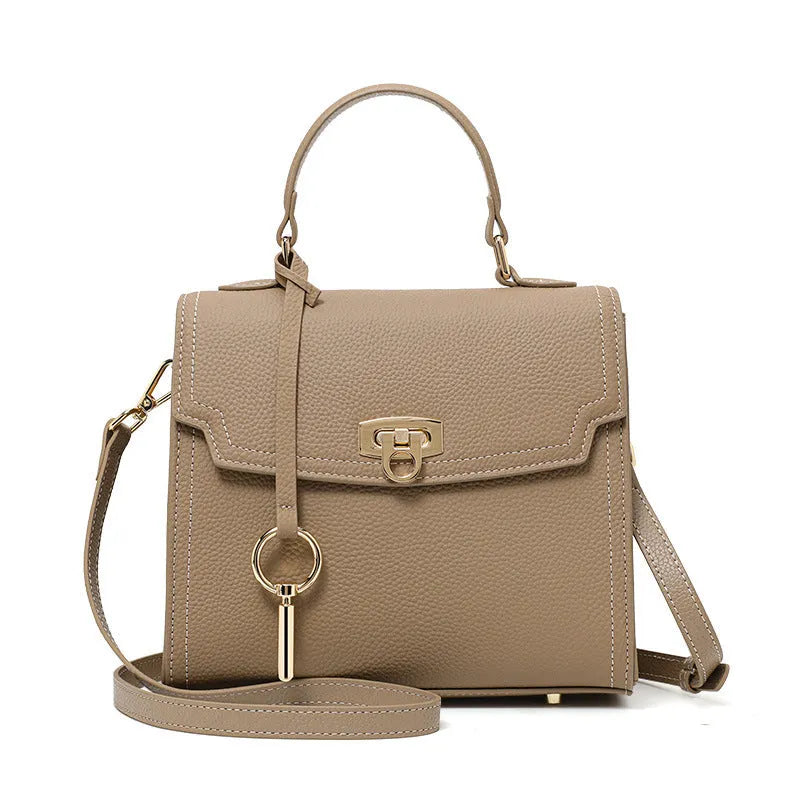 Elephant grey genuine leather women's handbag with vintage lock and structured square design