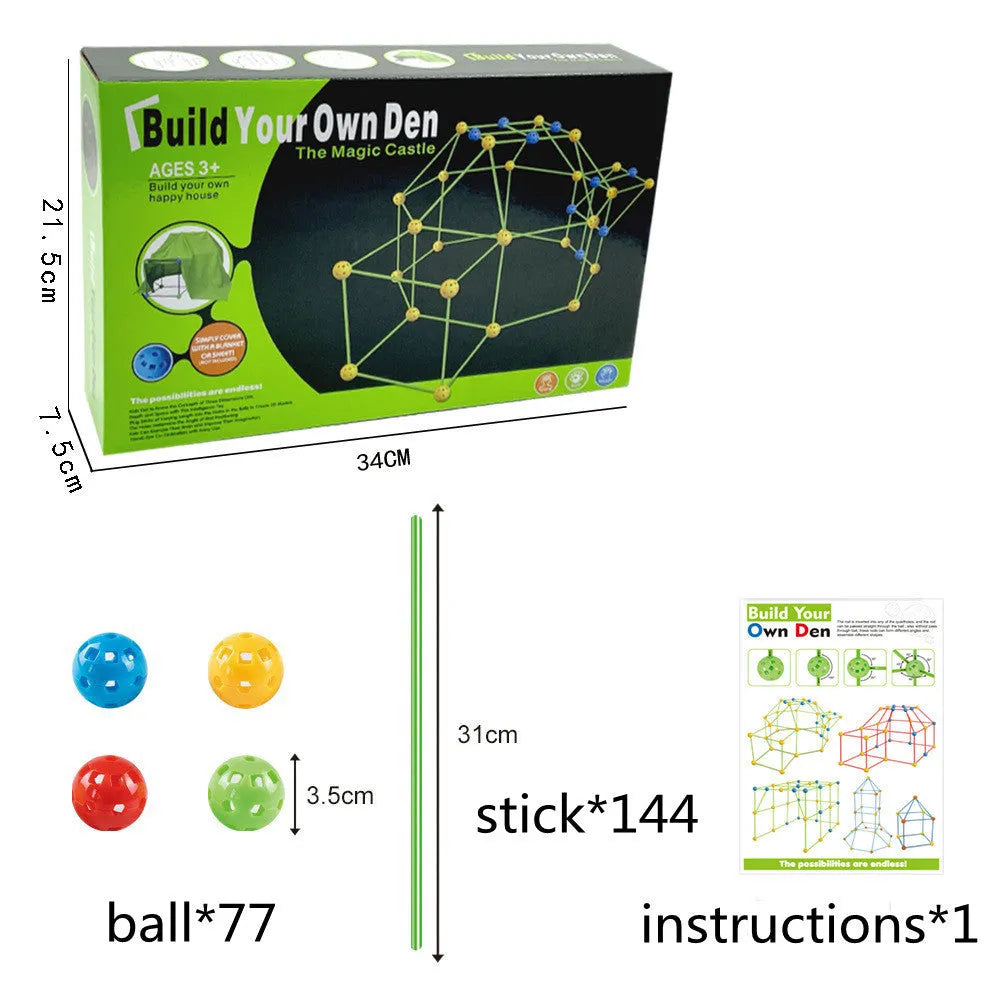 Luminous children's fort building kit with plastic sticks and connector balls for constructing castles and play tents