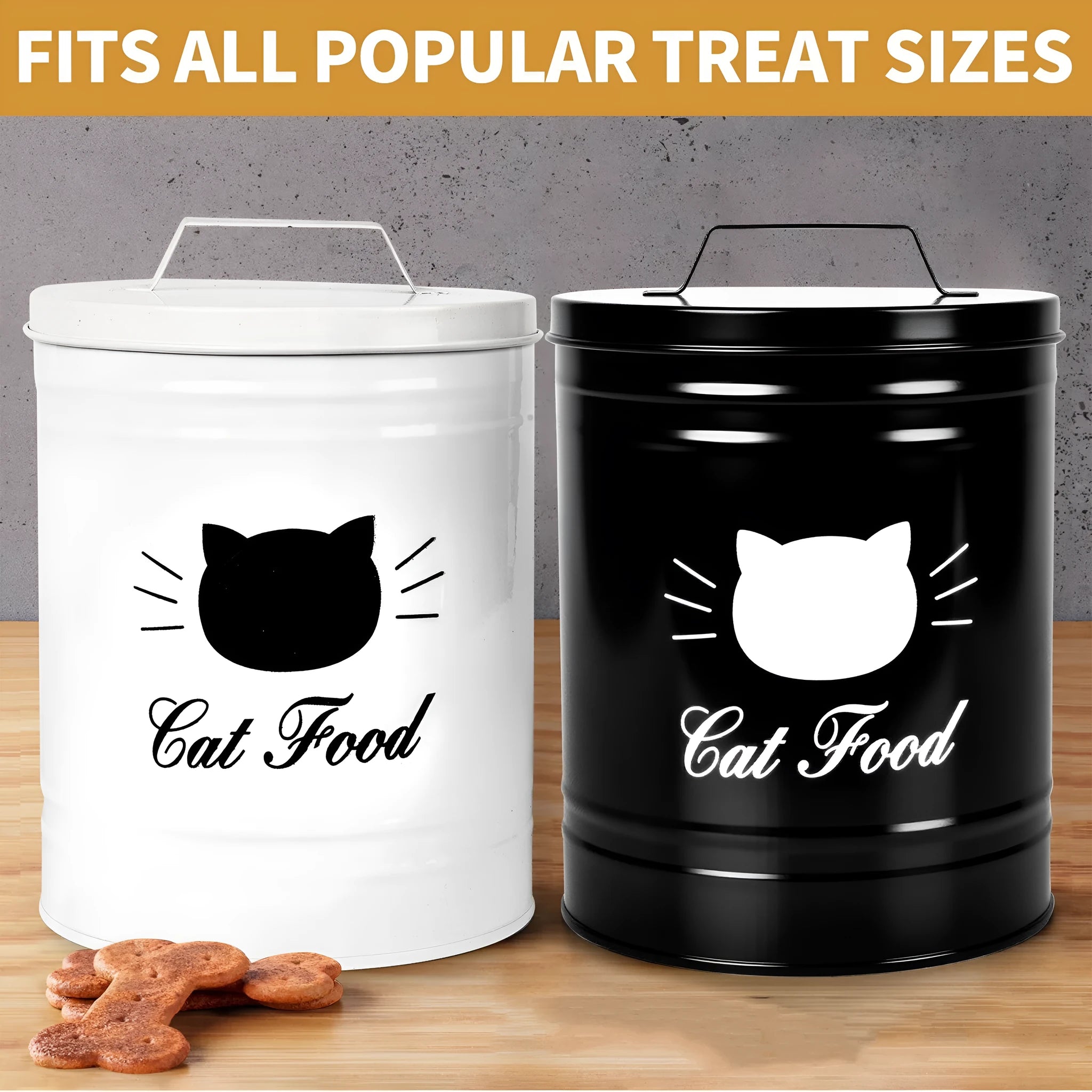 Black and white round iron storage can with inner box for kitchen pantry organisation.