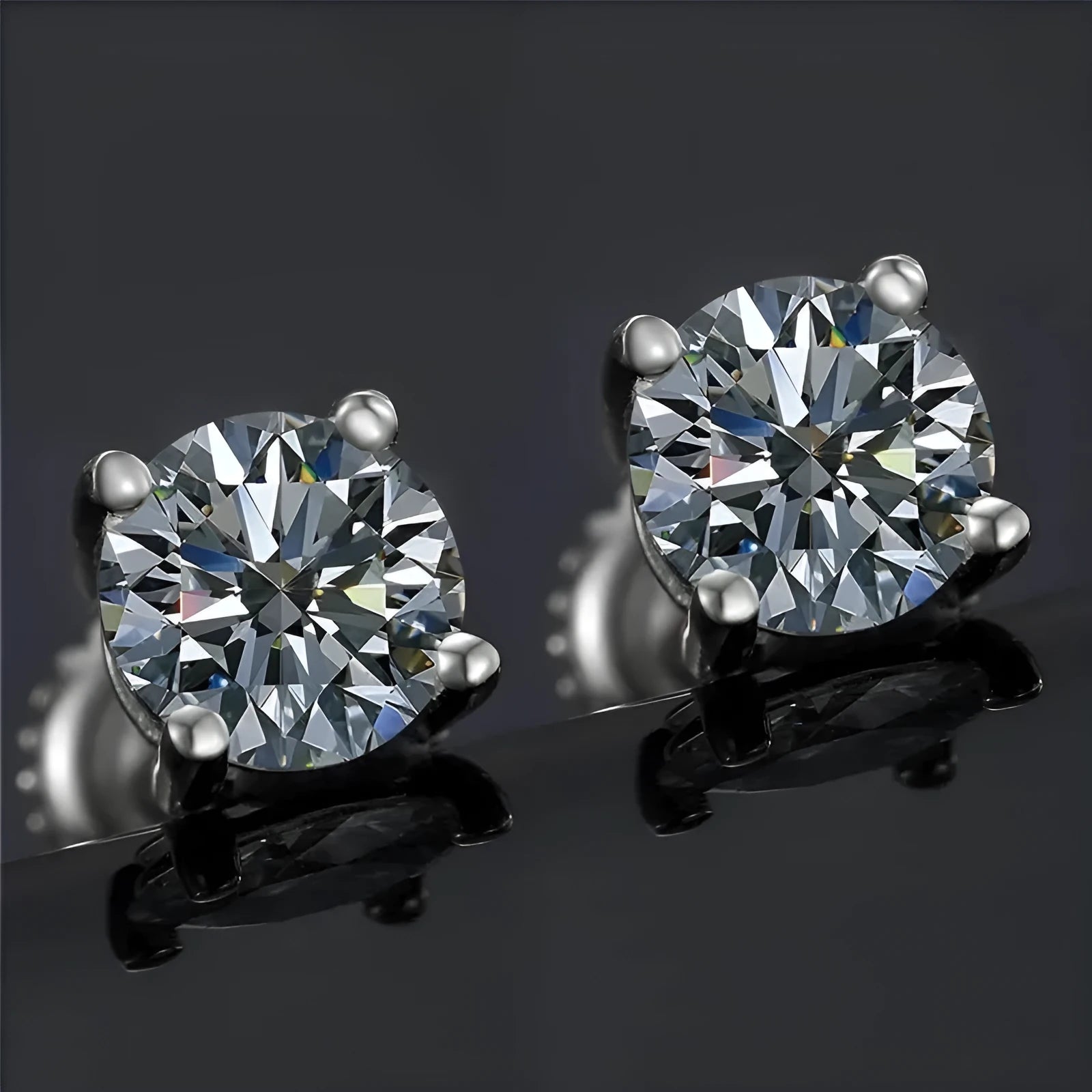 Sterling silver moissanite stud earrings with geometric stones and screw fastening backs