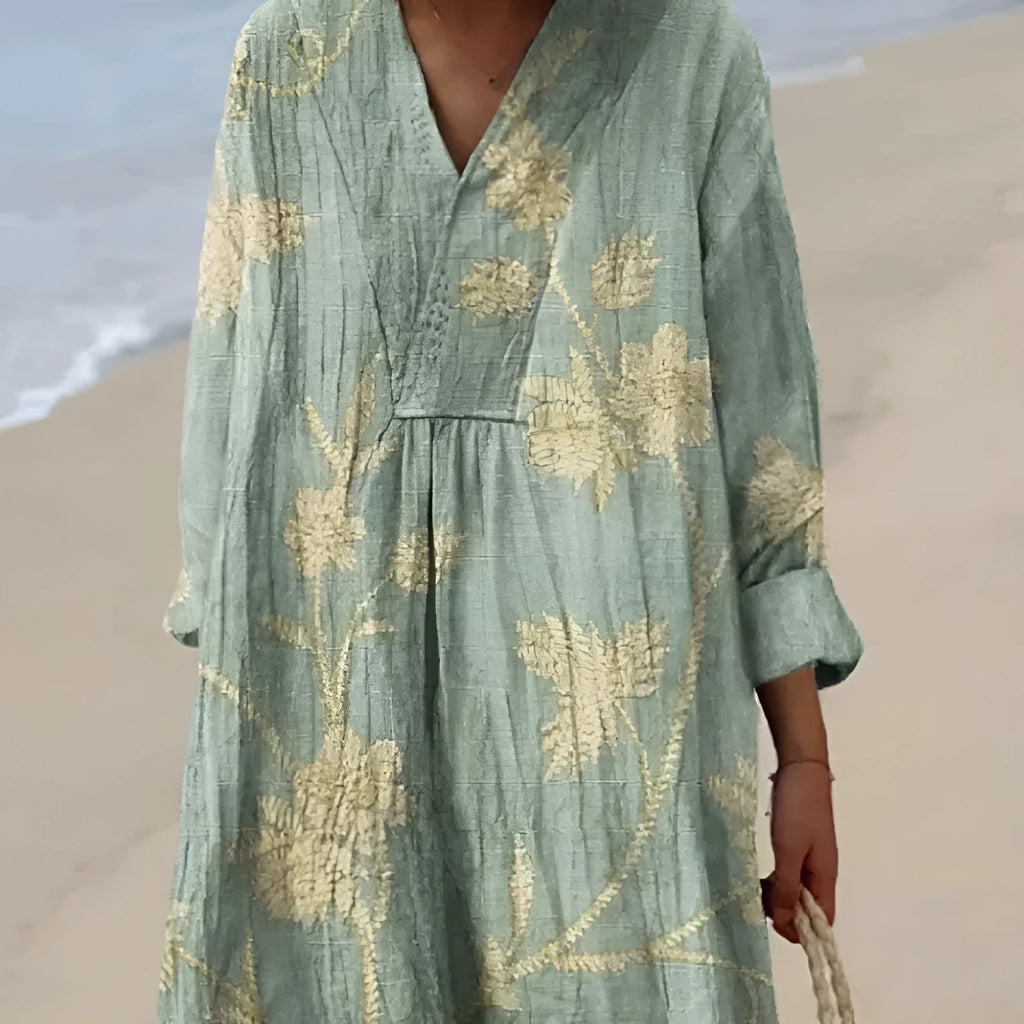 Casual long sleeve shirt dress with a 3D floral print, wide waist, and long skirt.