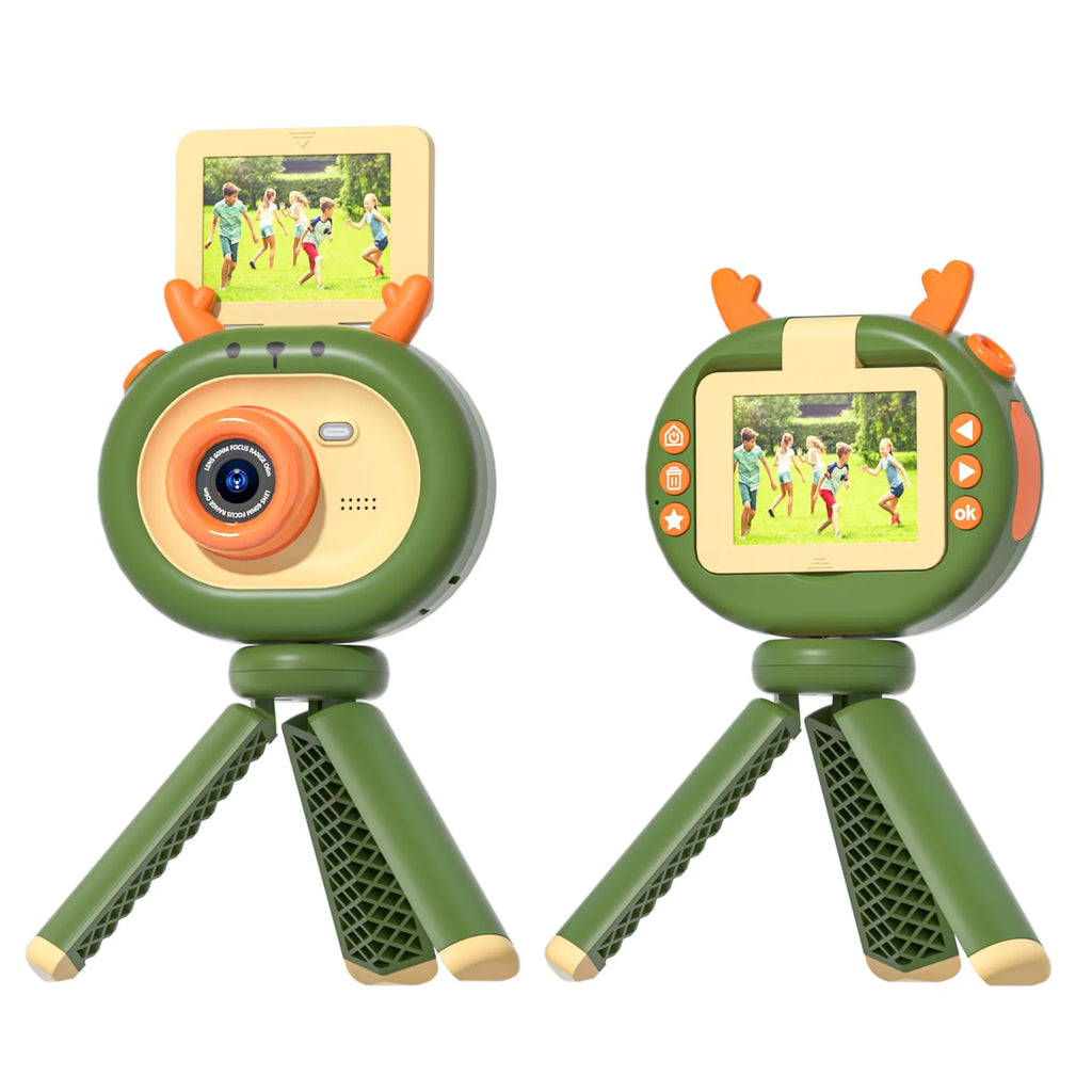 Purple and dark green children's digital camera with flip screen and silicone case.