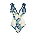 Blue and pink French retro one-piece swimsuit sets with matching gauze skirts for beach and pool.