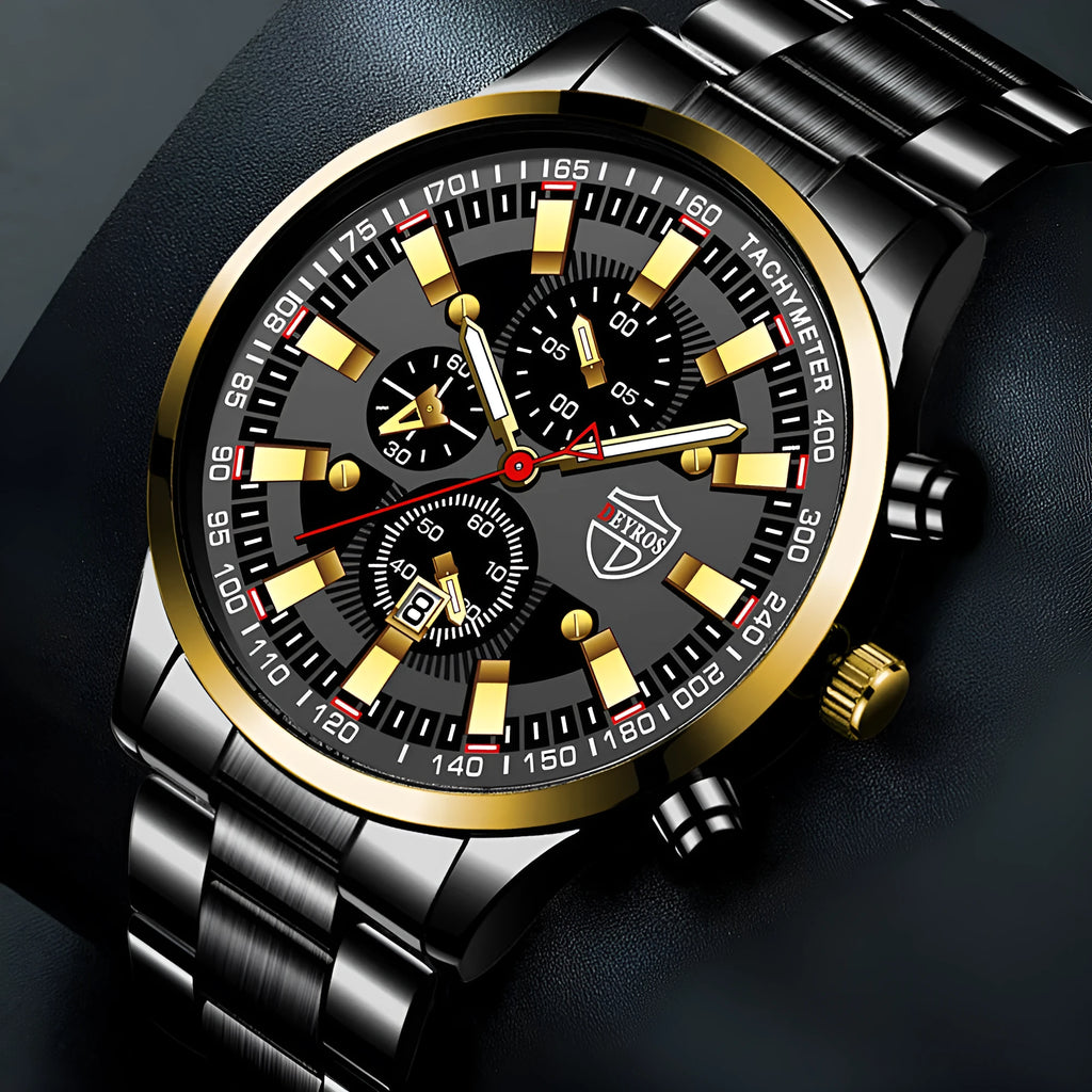 Stainless steel luminous quartz wristwatch for men, black dial, 42mm, stainless steel band with single fold buckle
