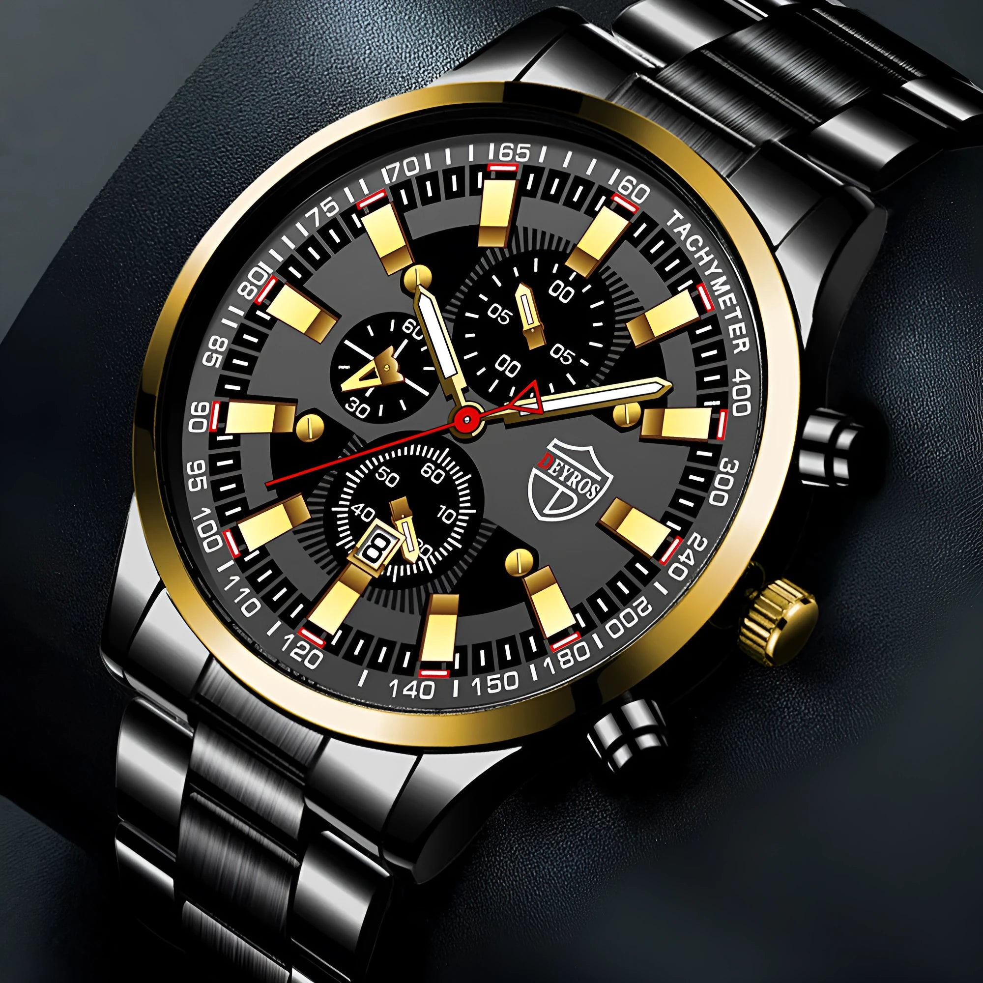 Stainless steel luminous quartz wristwatch for men, black dial, 42mm, stainless steel band with single fold buckle