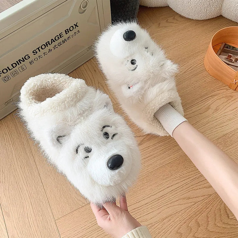 Grey and white plush ankle wrap cotton slippers with insulated artificial wool lining.