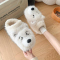 Grey and white plush ankle wrap cotton slippers with insulated artificial wool lining.
