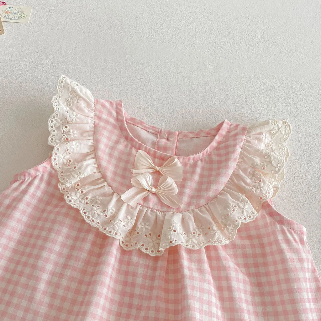 Girls cherry pink plaid cotton bowknot doll shirt and wide leg pants two-piece set