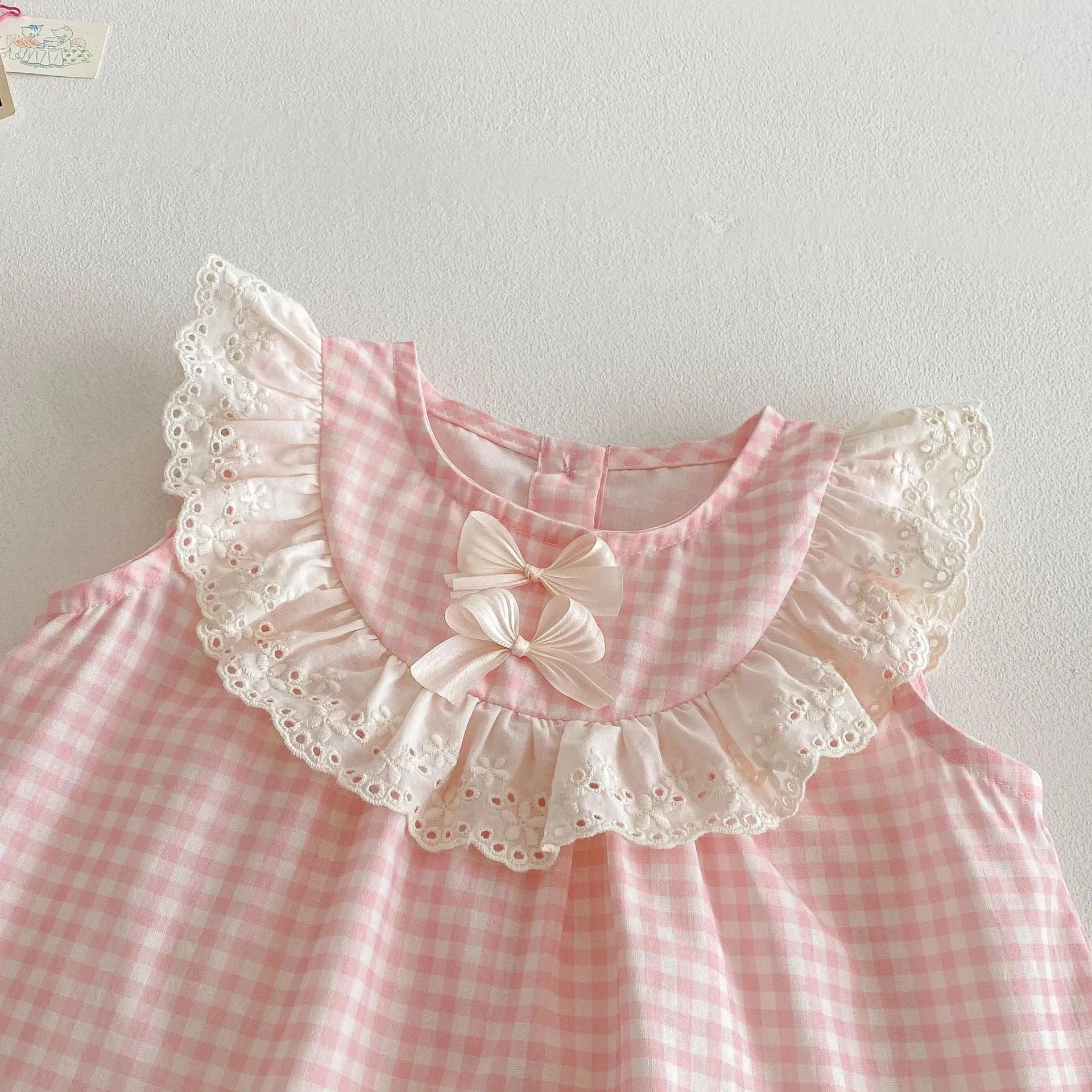 Girls cherry pink plaid cotton bowknot doll shirt and wide leg pants two-piece set