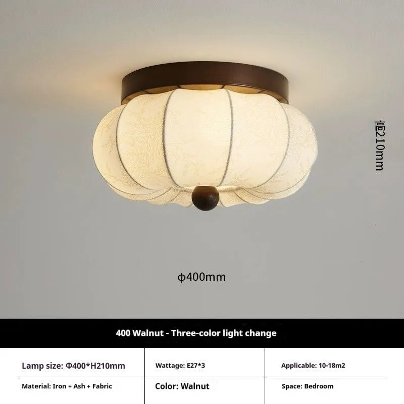 Mid-ancient French retro fabric ceiling lamp with ash wood frame in walnut colour on a ceiling