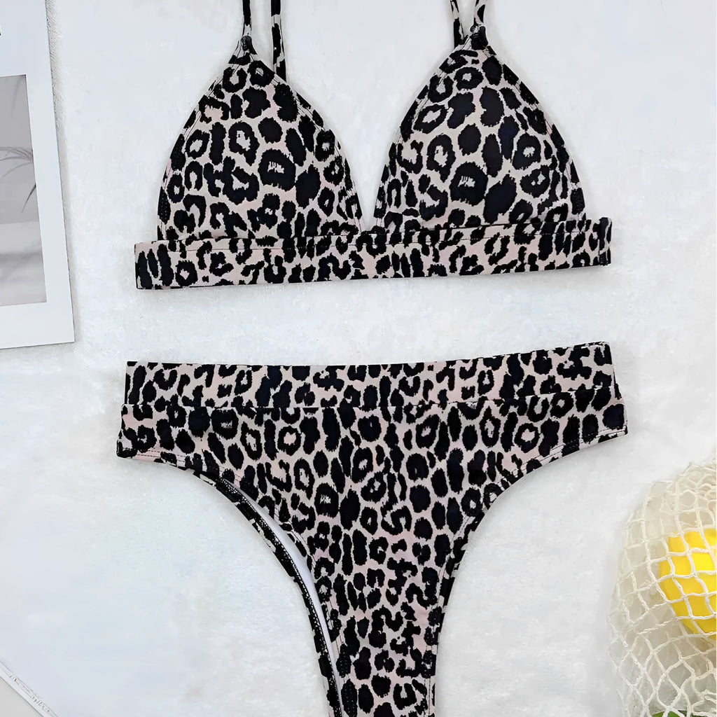 Leopard print bikini set with retro dots and backless brief design for women