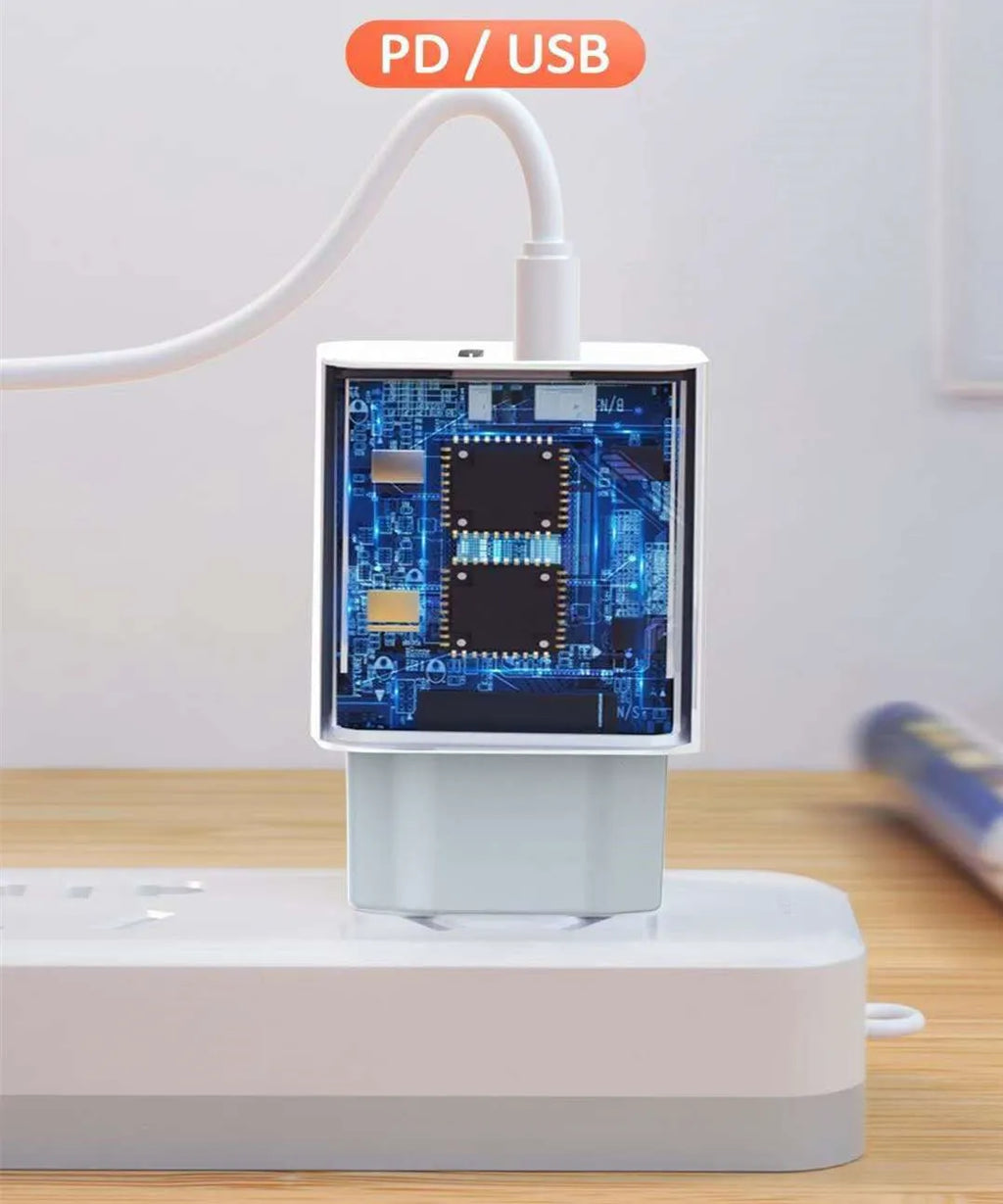 Travel charger for Android phones with USB fast charging PD interface, bare metal finish