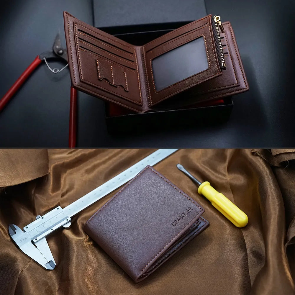 Men's brown leather wallet with zipper closure showing seven card slots inside