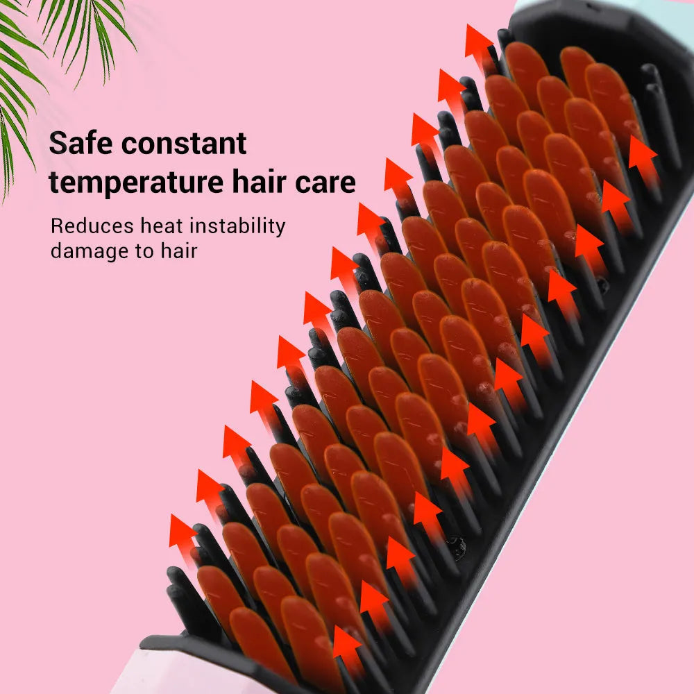 Pink cordless rechargeable straightening comb for hair with USB charging cable