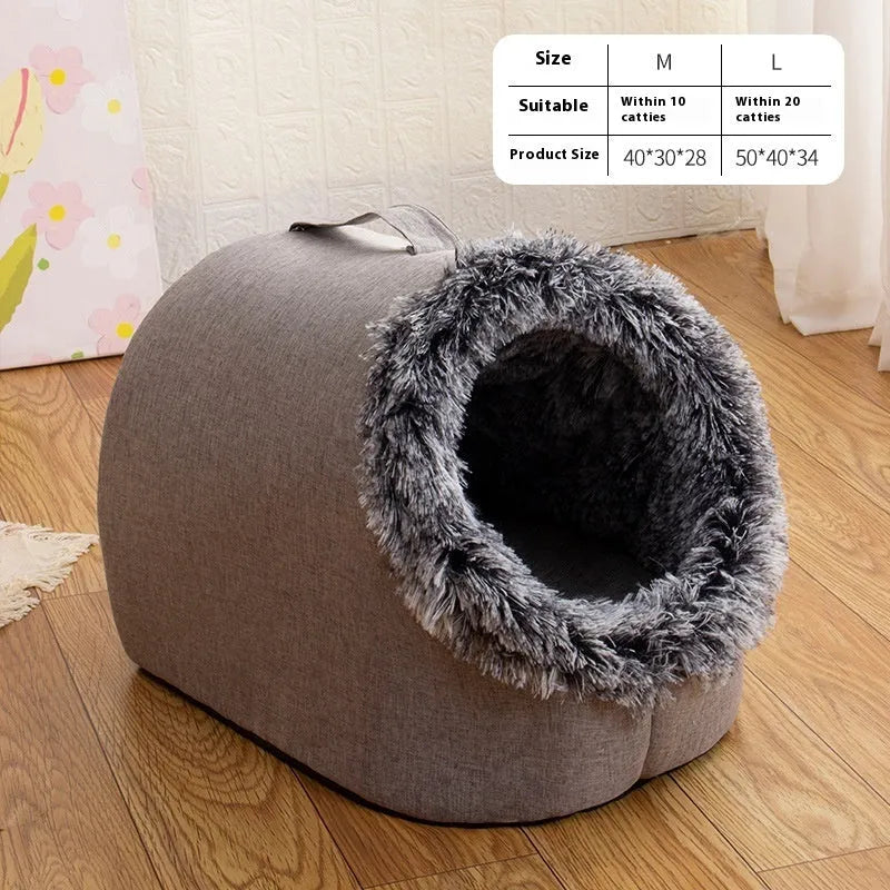 Grey fleece-lined enclosed cat sleeping bag measuring 50cm long with brown colour option available