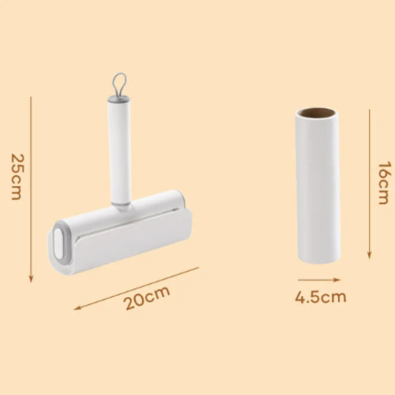 Handheld pet hair lint roller with a sticky paper surface on a yellow core.