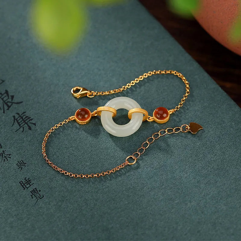 S925 sterling silver gold-plated bracelet with natural Hetian jade peace symbol buckle and adjustable clasp