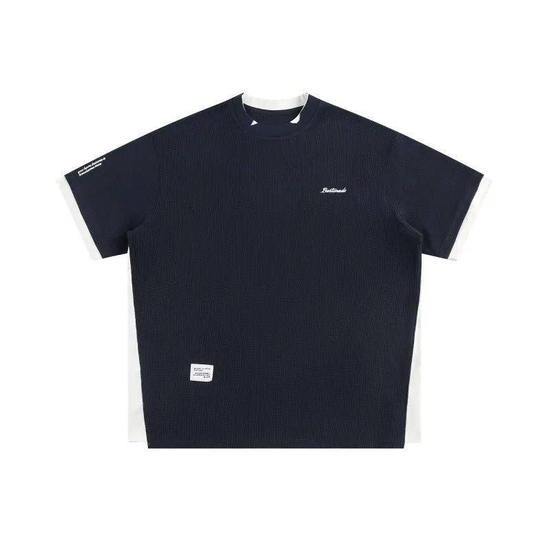 Men's waffle-textured short-sleeved t-shirt with retro alphabet embroidery in loose fit casual style