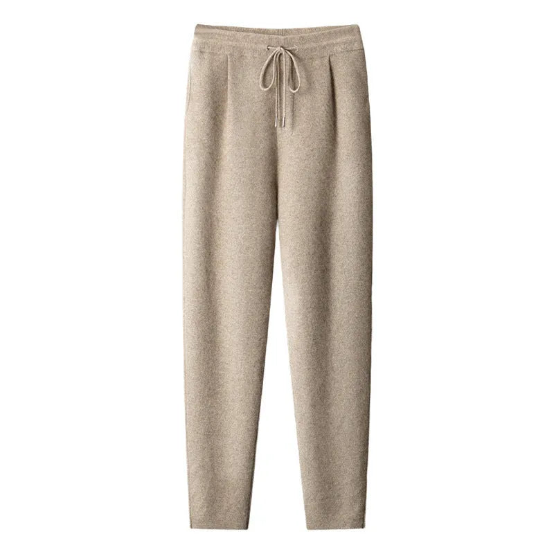 Men's loose cashmere trousers in light camel colour; winter casual wear with elastic waist