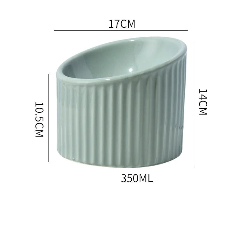 Elevated ceramic cat bowl in light green colour with tilted round design for comfortable feeding