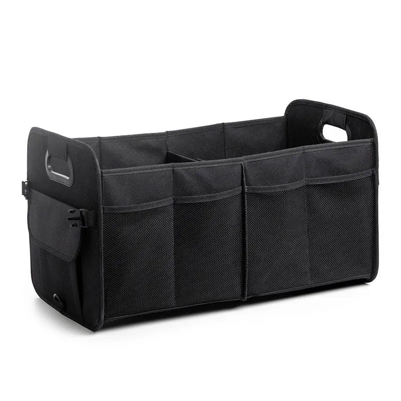 Foldable multi-compartment fabric car trunk storage box in black with a handle.