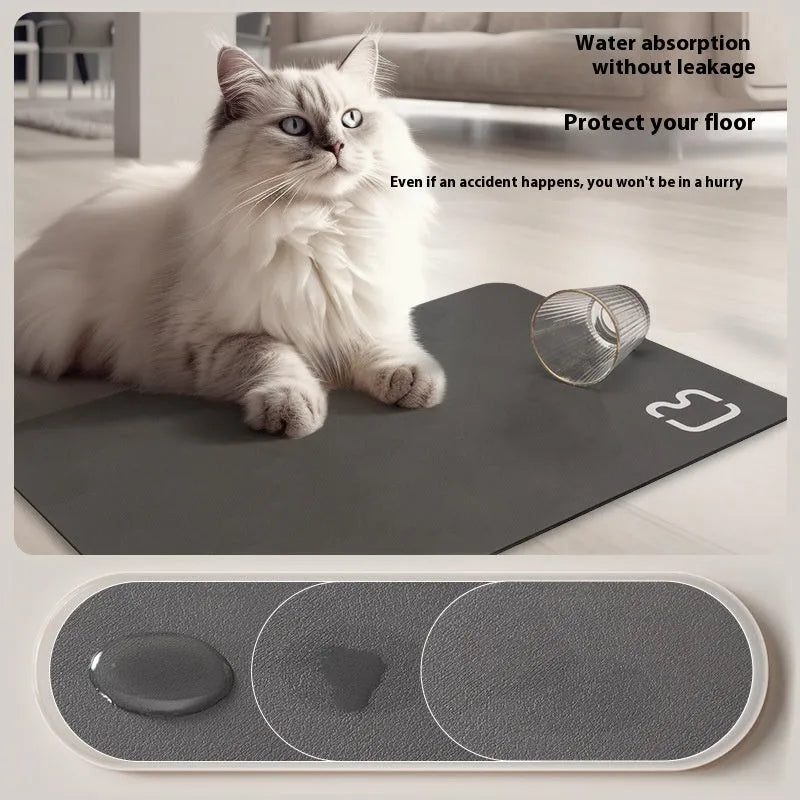 Pet feeding mat with non-slip backing in a dog paw print design on a hardwood floor.