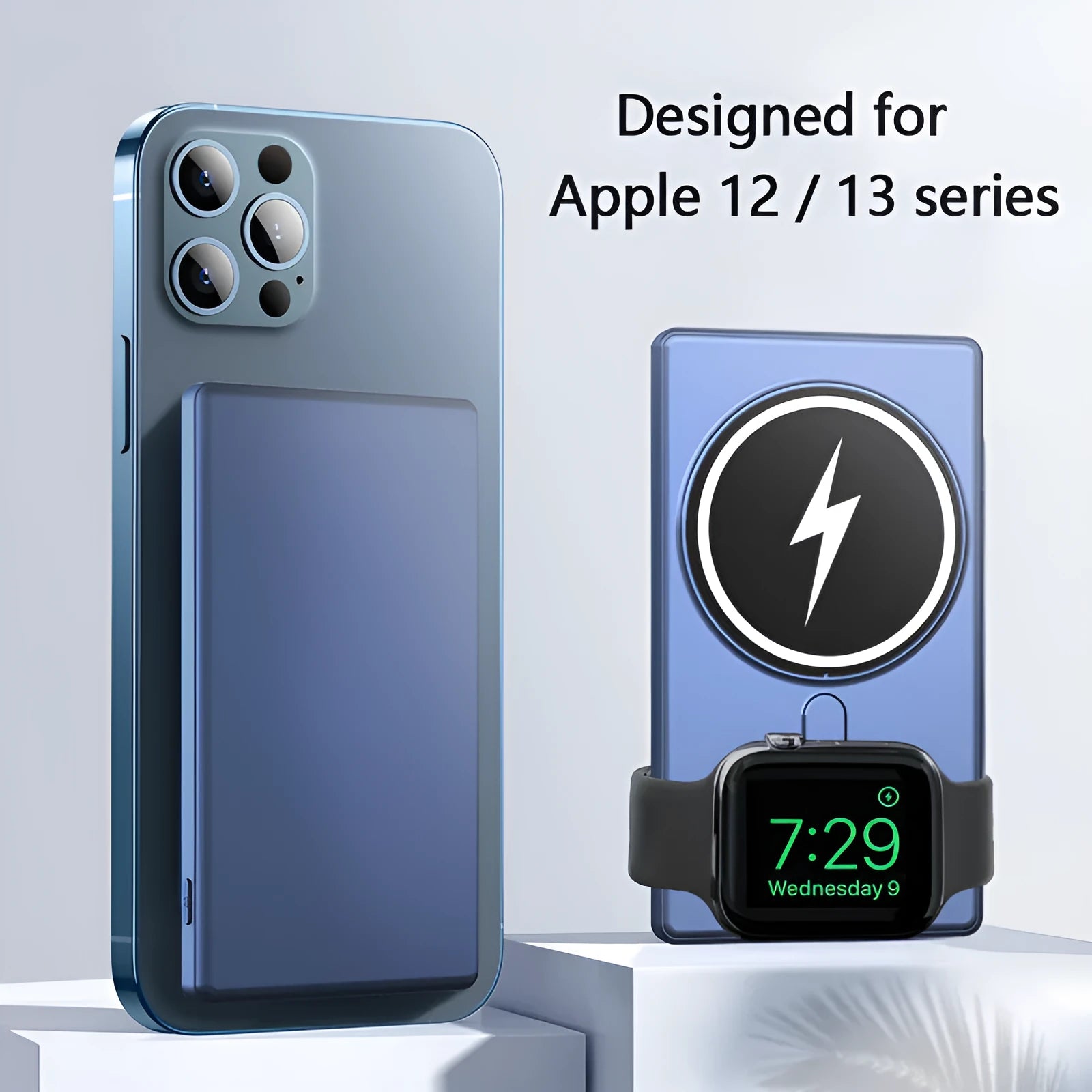 Black three-in-one magnetic wireless charging power bank showing USB port and charging surface.