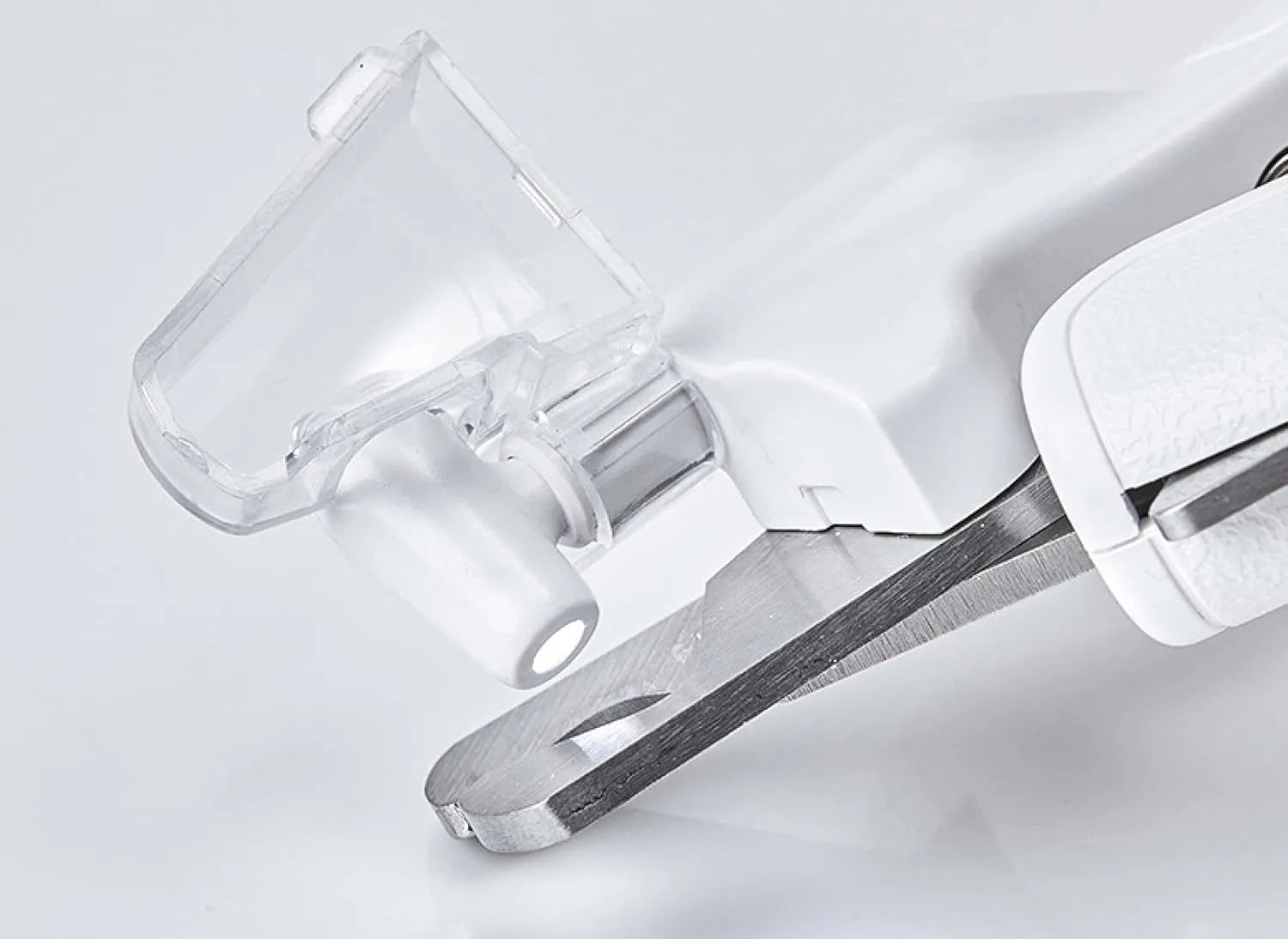 White pet nail clippers with LED light, transparent anti-splash guard, and triangular blade for cats and dogs