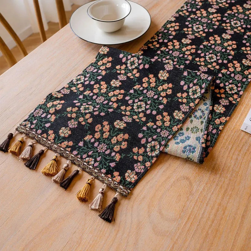Nordic jacquard striped table runner with tassel trim in dark blue with multiple pattern options