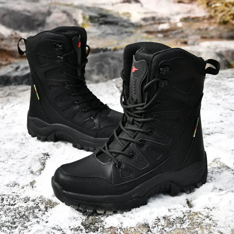 Men's cowhide leather hi-top hiking shoes in beige colour on a rocky outdoor path.