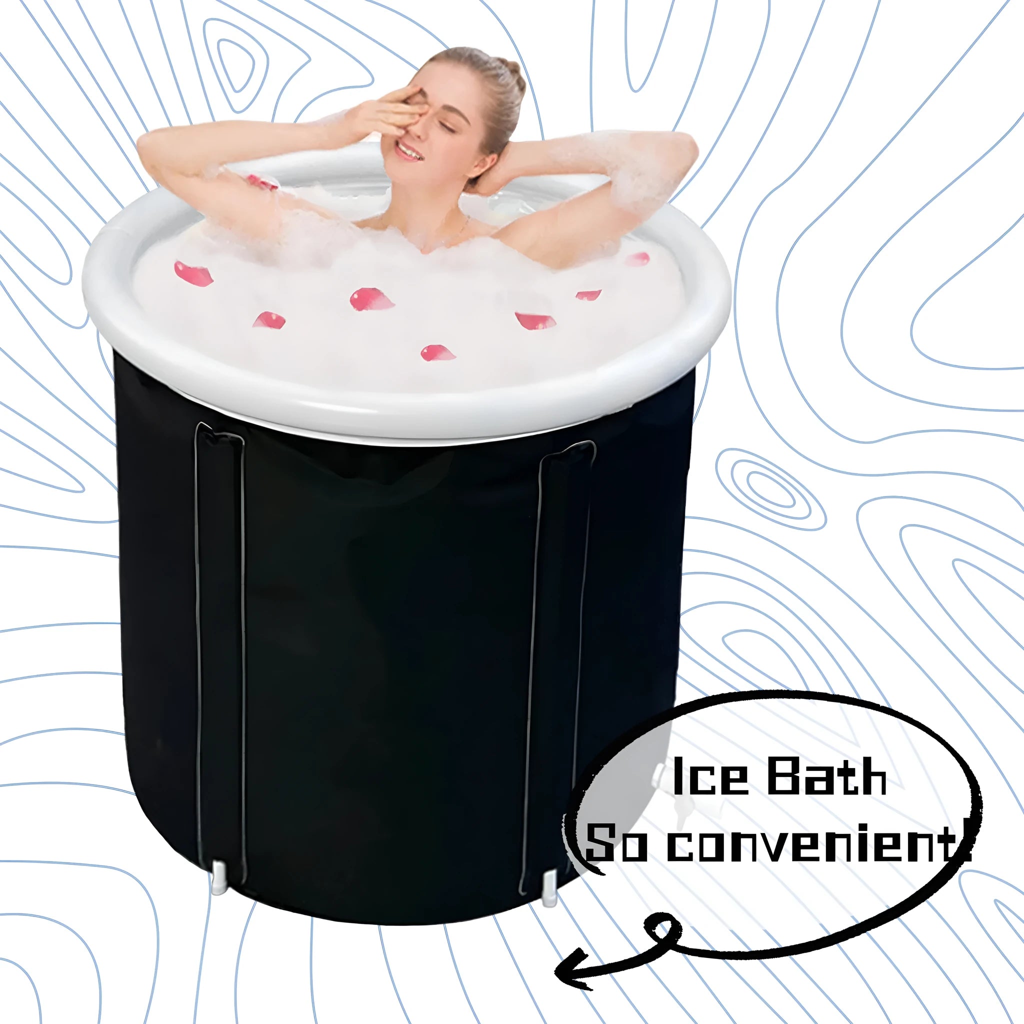 Black inflatable portable ice bath tub with elasticated cover, shown with air pump and drainage accessories