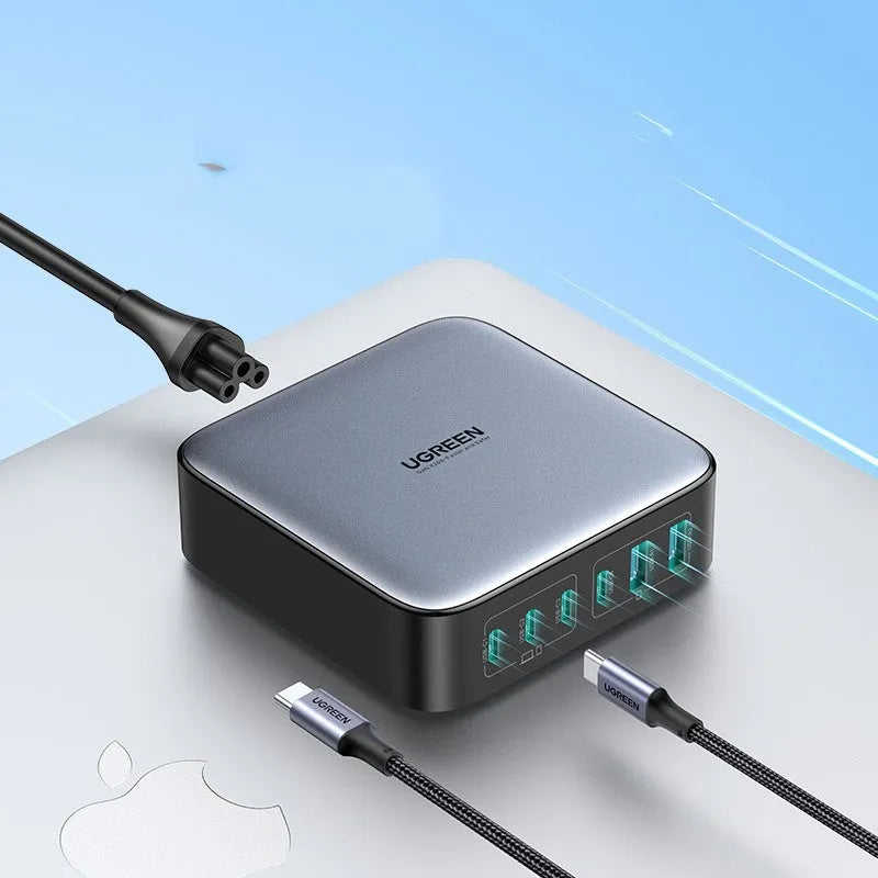 100W Gallium Nitride multi-port USB-C charger plug with attached cable on a grey background.