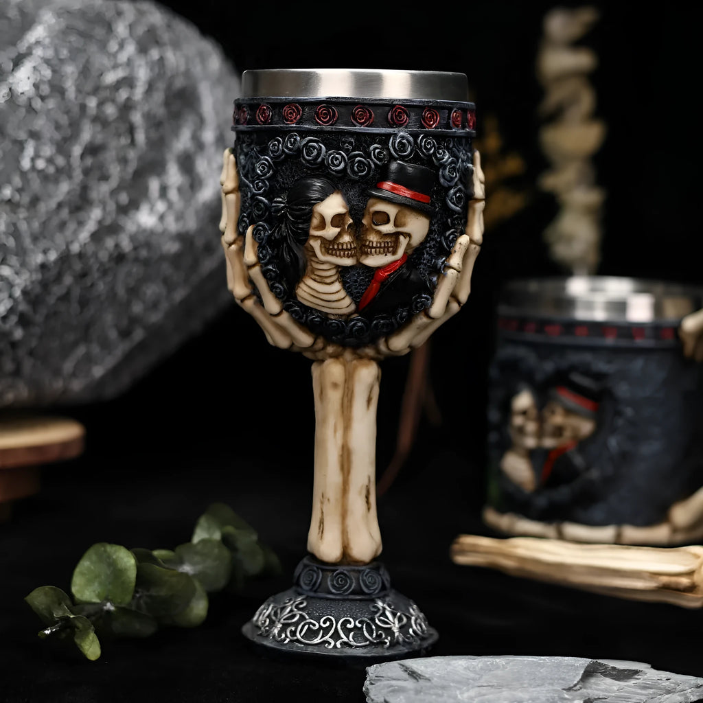 Skull-themed stainless steel wine glass with skeleton design and 200ml capacity