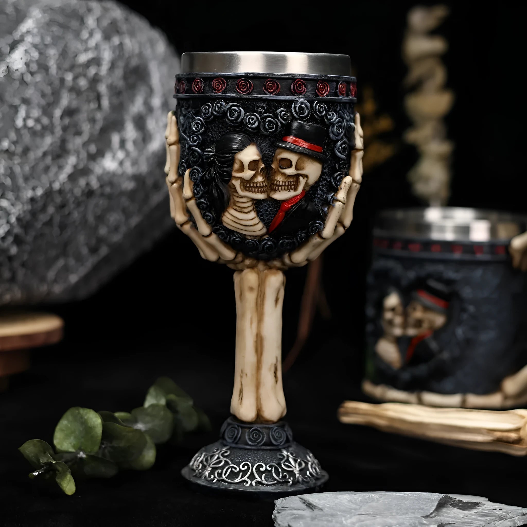 Skull-themed stainless steel wine glass with skeleton design and 200ml capacity