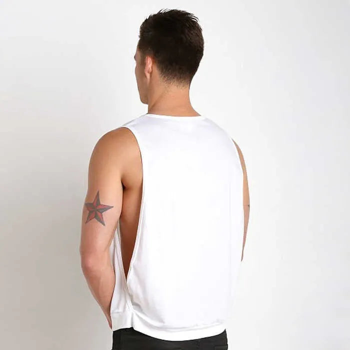 Men's sleeveless loose fit sports vest with large side slits in black, round neck, pullover style