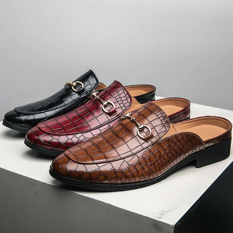 Men's lazy semi slipper shoes made of artificial PU upper in black, brown, and wine red colour options, sizes 38-48
