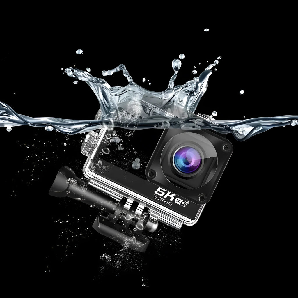 Compact 5K sports camera with wireless microphone and anti-shake technology in black ABS body