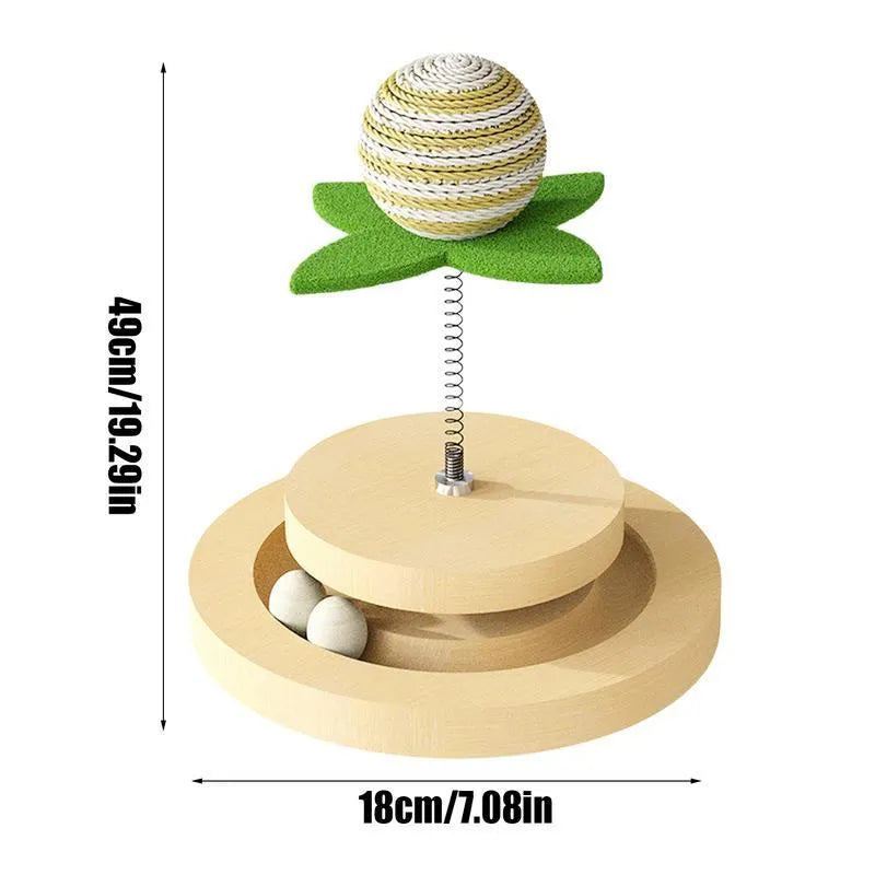Green sisal cat toy with multi-layer rotating ball track and spring ball for indoor feline play