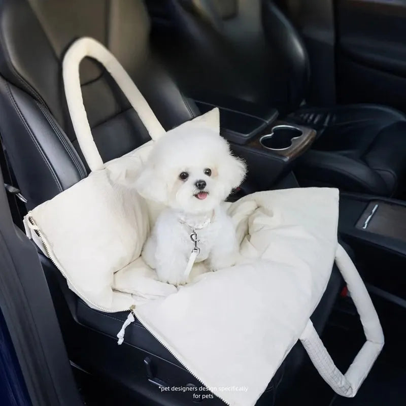 Dog car seat pet carrier in beige for small breeds up to 10 pounds with safety leash and centre console fit