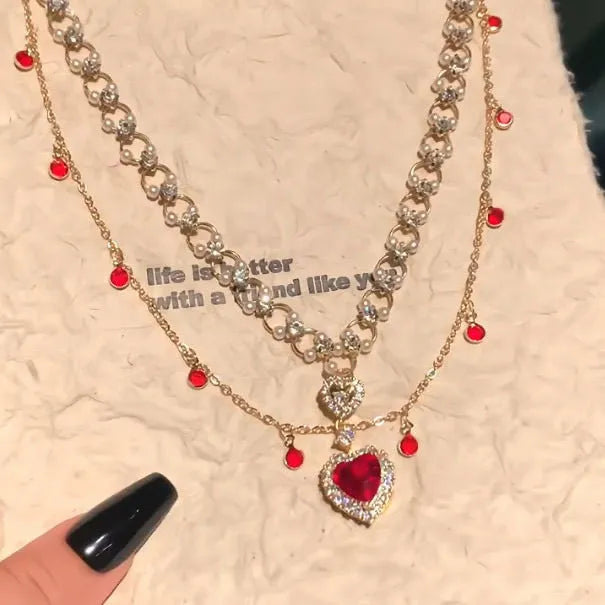 Red love pearl double layer necklace with twin chains, adjustable 41-50cm length