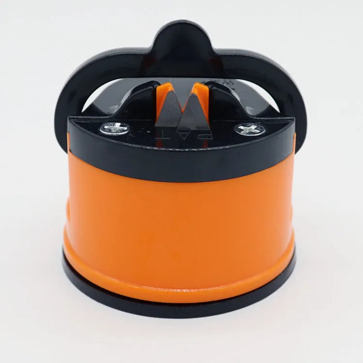 Small suction cup knife sharpener with ABS blade, 65 x 65mm, in red, yellow, green, blue, orange, black, white, or gold.