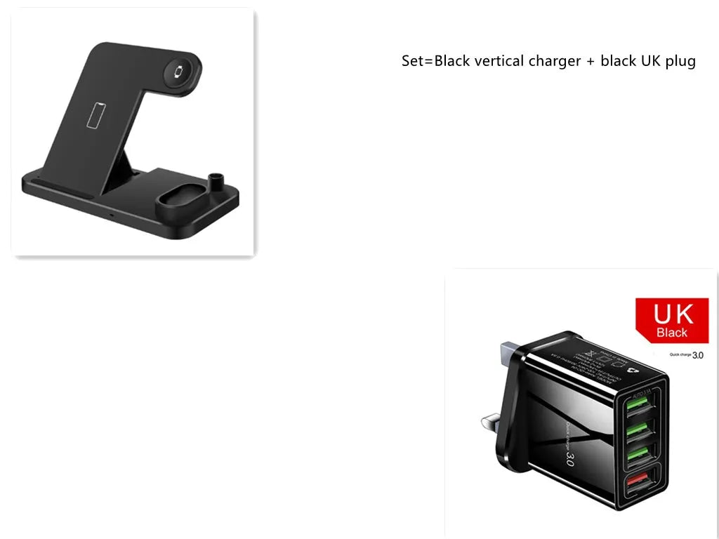 A white 4-in-1 wireless charger folded flat, showing charging pads for phone, Apple Watch, AirPods, and Apple Pencil.