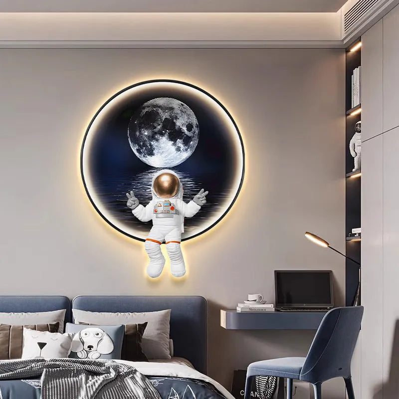Children's astronaut-themed canvas wall painting with optional integrated USB LED light strip in a modern frameless design.