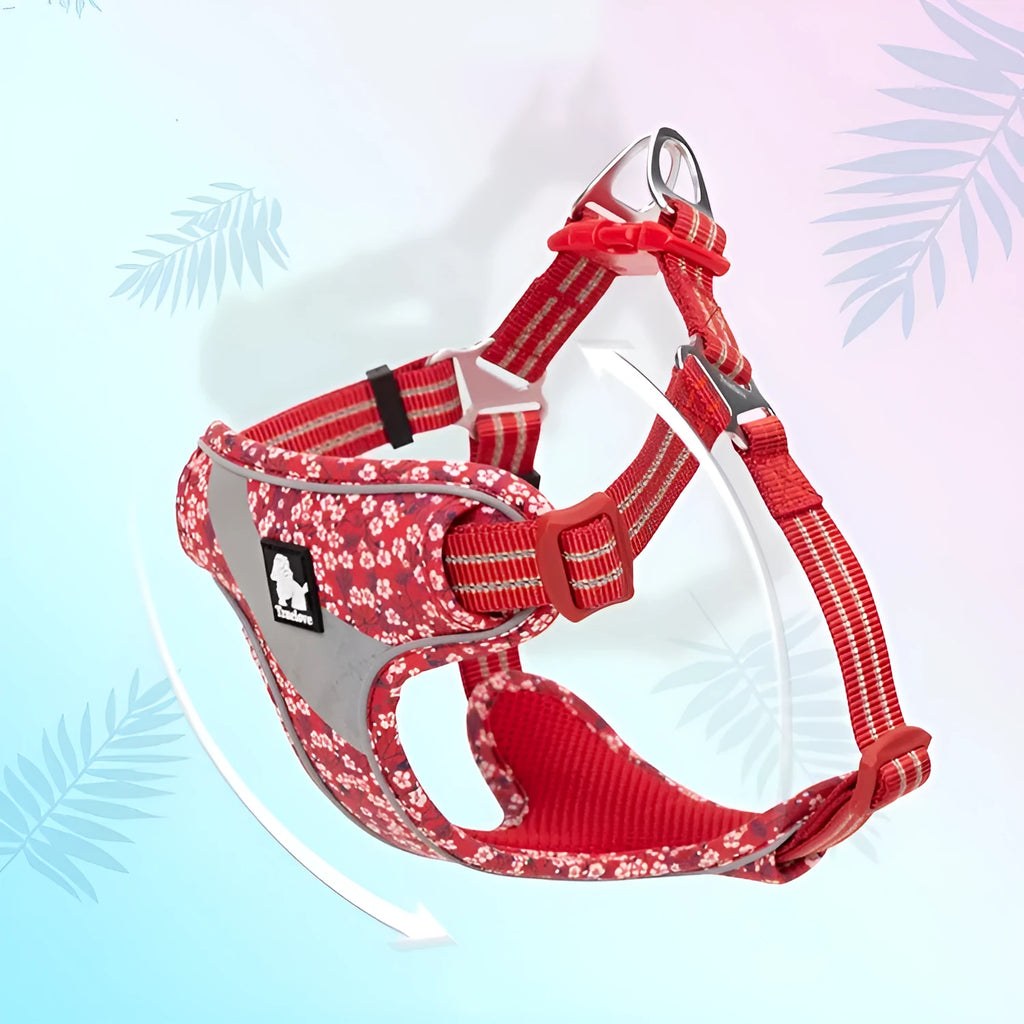 Nylon pet chest strap in a floral pattern, shown with size options S, M, and L.