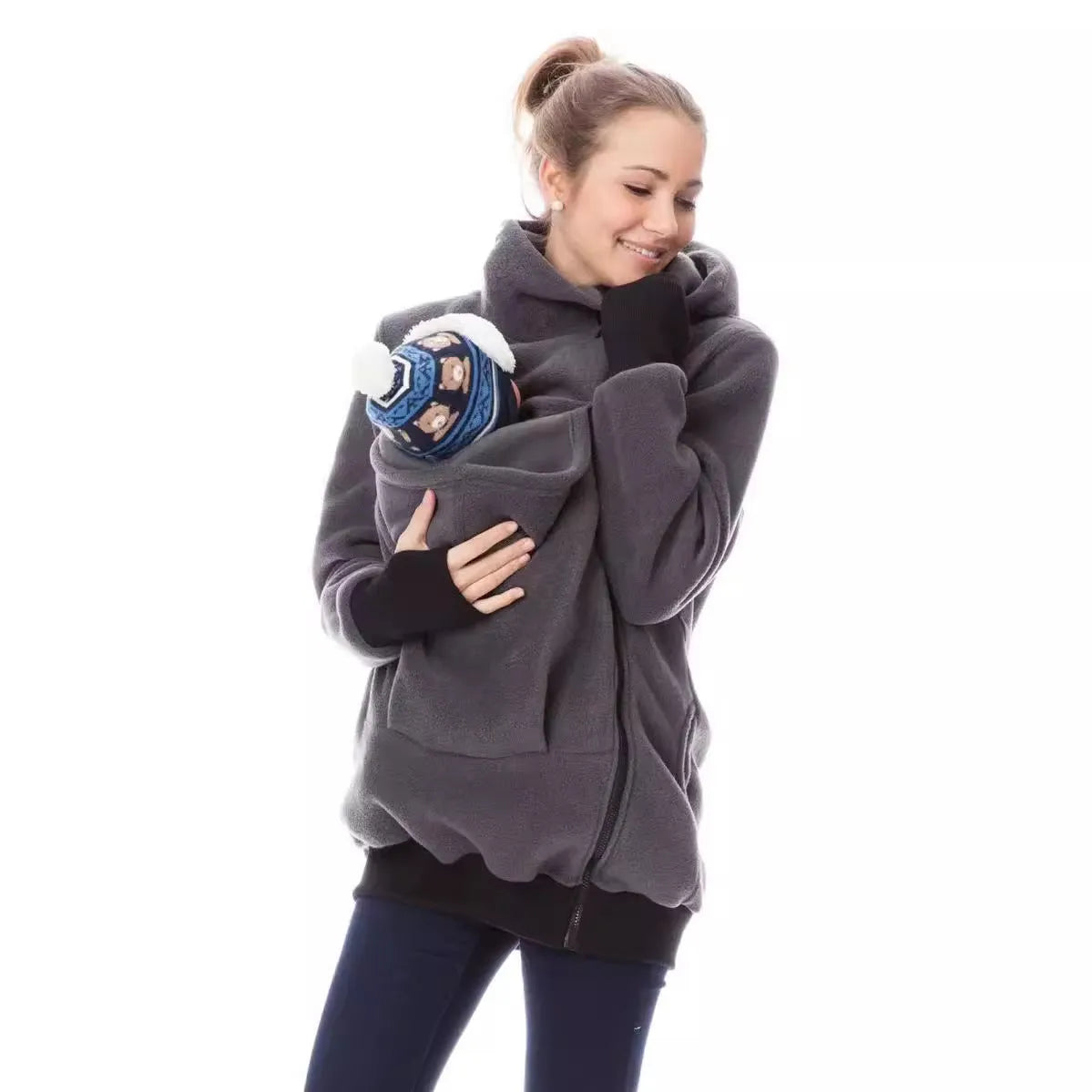 Red loose fit women's polar fleece sweater with long sleeves for autumn and winter wear.