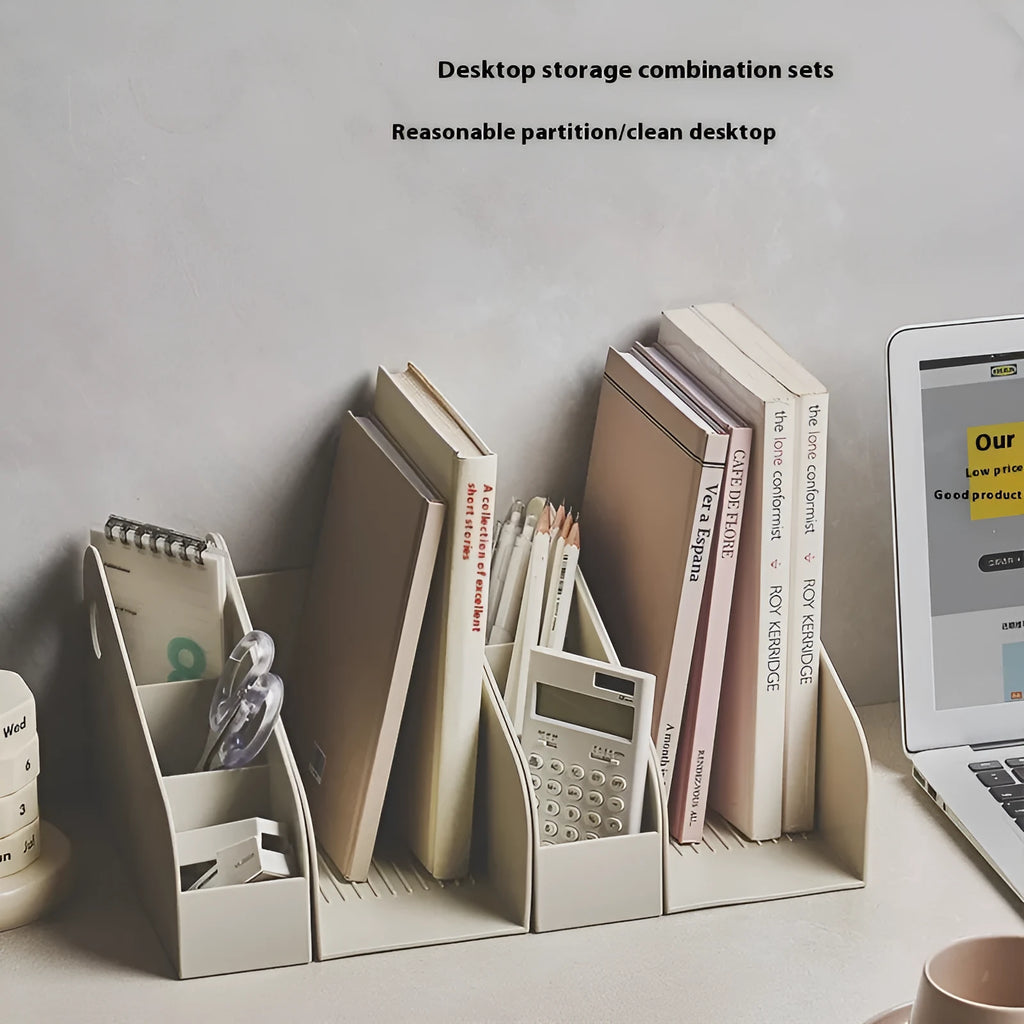 Two plastic desktop storage boxes with internal grid compartments in milk coffee and ivory white colours.