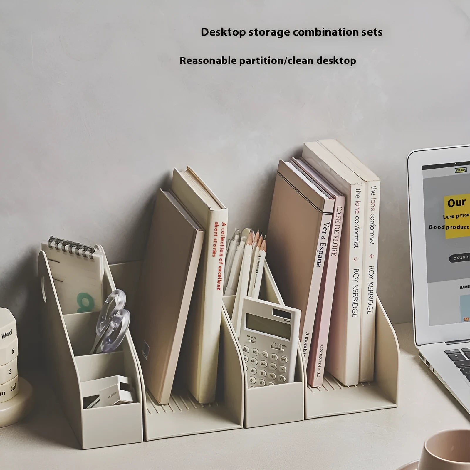Two plastic desktop storage boxes with internal grid compartments in milk coffee and ivory white colours.