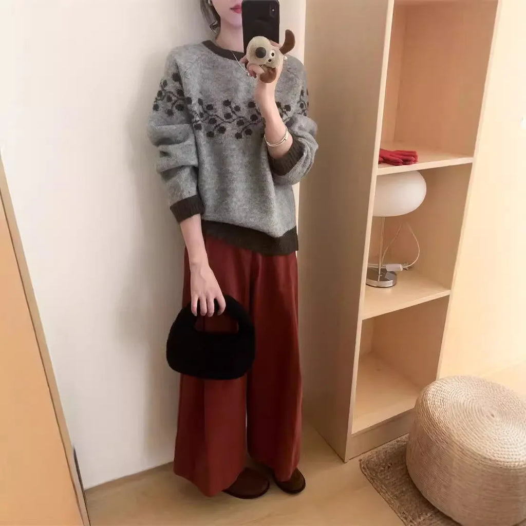 Korean style round neck jacquard colour matching loose knitted pullover sweater in apricot, grey, or brown, average size