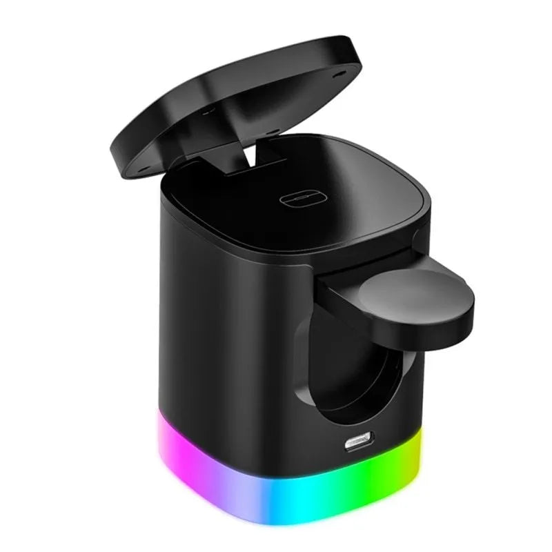 Black foldable 3-in-1 magnetic wireless charging station for iPhone, Apple Watch, and AirPods.